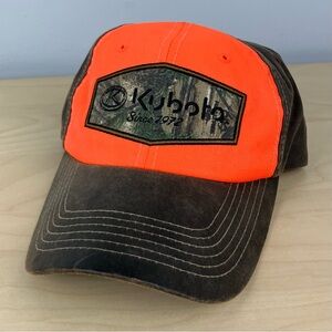 Kubota Strapback Hat Waxed Brown Blaze Orange Cap Embroidered Logo